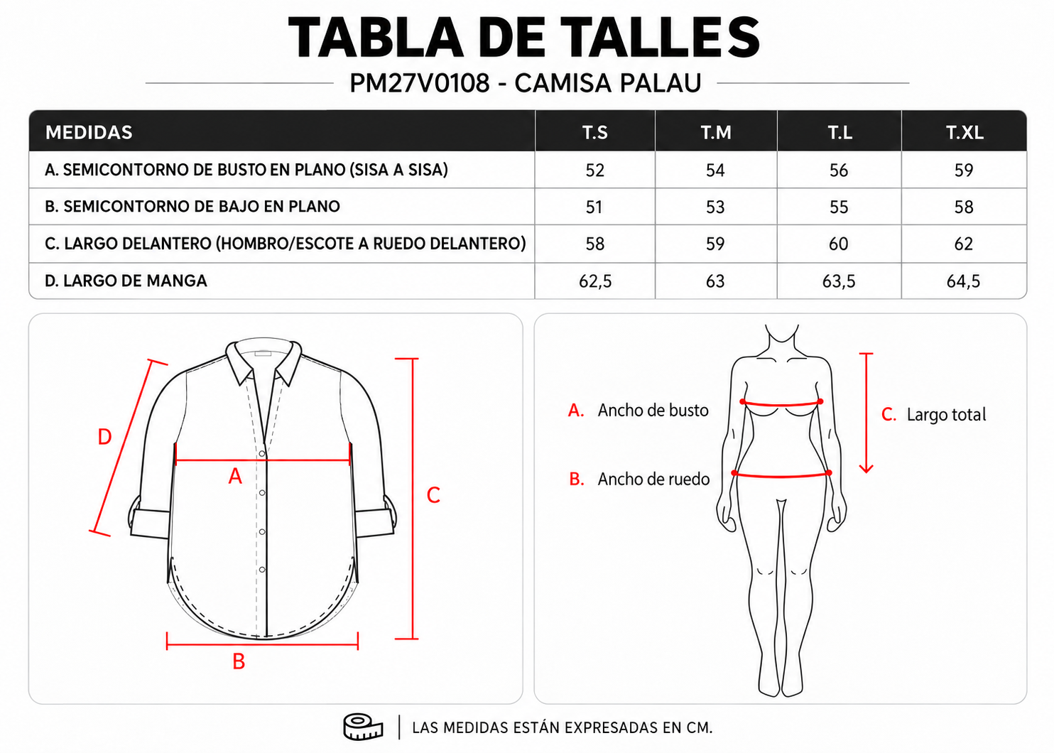 Tabla de talles Camisa Palau ParteMia